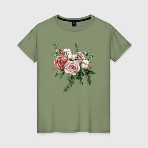 Женская футболка хлопок букет роз, цвет авокадо