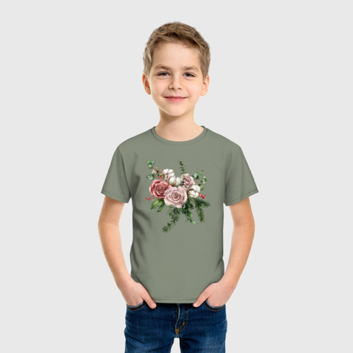 Детская футболка хлопок букет роз, цвет авокадо - фото 3