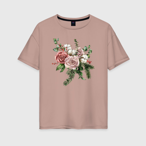 Женская футболка хлопок Oversize букет роз, цвет пыльно-розовый