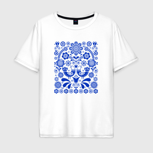 Мужская футболка из хлопка оверсайз с принтом Синие птички счастья, вид спереди №1