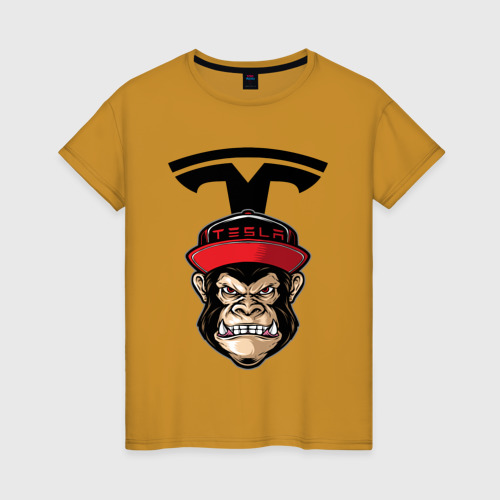 Женская футболка хлопок с принтом Тесла горилла, вид спереди #2