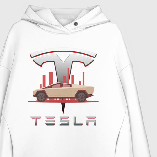 Женское худи Oversize хлопок Tesla Cybertruck Тесла, цвет белый - фото 3