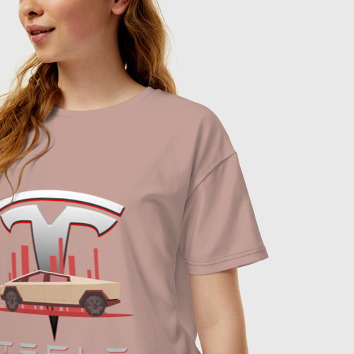 Женская футболка хлопок Oversize Tesla Cybertruck Тесла, цвет пыльно-розовый - фото 3