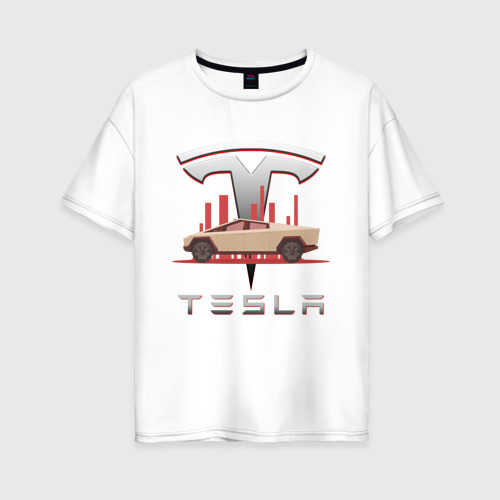 Женская футболка оверсайз из хлопка с принтом Tesla Cybertruck Тесла, вид спереди №1