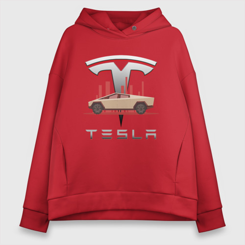 Женское худи Oversize хлопок Tesla Cybertruck Тесла, цвет красный