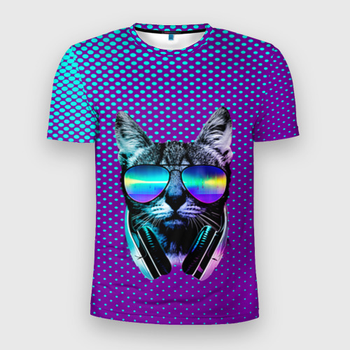 Мужская футболка 3D Slim с принтом Кот очки наушники модный, вид спереди #2