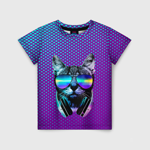 Детская футболка 3D с принтом Кот очки наушники модный, вид спереди #2
