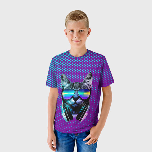 Детская футболка 3D с принтом Кот очки наушники модный, фото на моделе #1