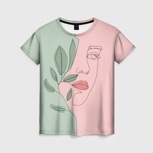 Женская футболка 3D с принтом Девушка с листьями, вид спереди #2