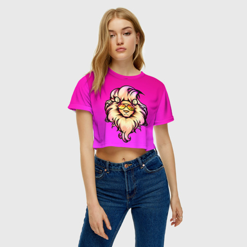 Женская футболка Crop-top 3D модный лев в очках, цвет 3D печать - фото 3