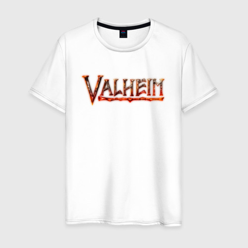 Мужская футболка из хлопка с принтом Valheim огненный лого, вид спереди №1