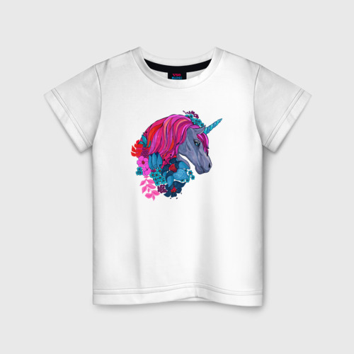 Детская футболка хлопок с принтом Сказочный Единорог в цветах, вид спереди #2