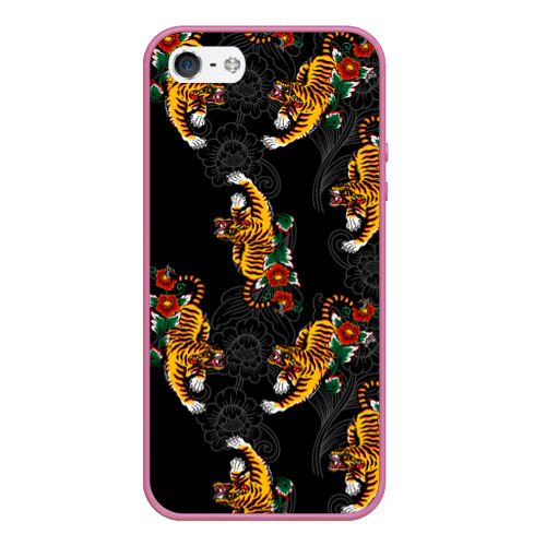 Чехол для iPhone 5/5S матовый Японский стиль - тигры, цвет малиновый