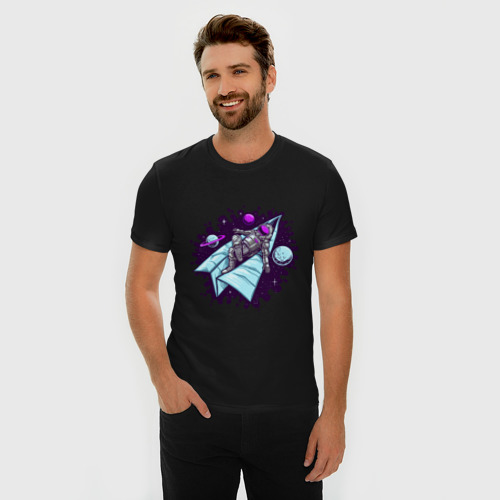 Мужская футболка хлопок Slim Астронавт на самолетике, цвет черный - фото 3