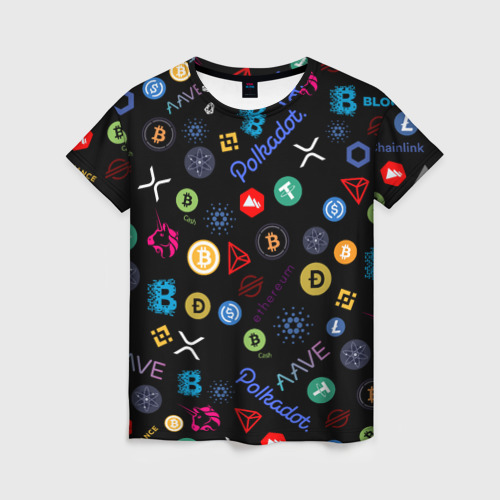 Женская футболка 3D с принтом ЛОГОТИПЫ КРИПТОВАЛЮТ | CRYPTOCURRENCIES (Z), вид спереди #2