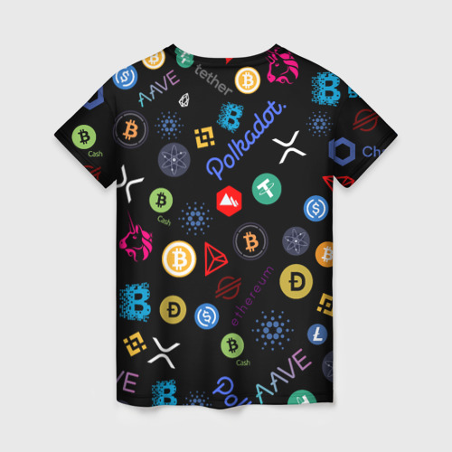 Женская футболка 3D с принтом ЛОГОТИПЫ КРИПТОВАЛЮТ | CRYPTOCURRENCIES (Z), вид сзади #1