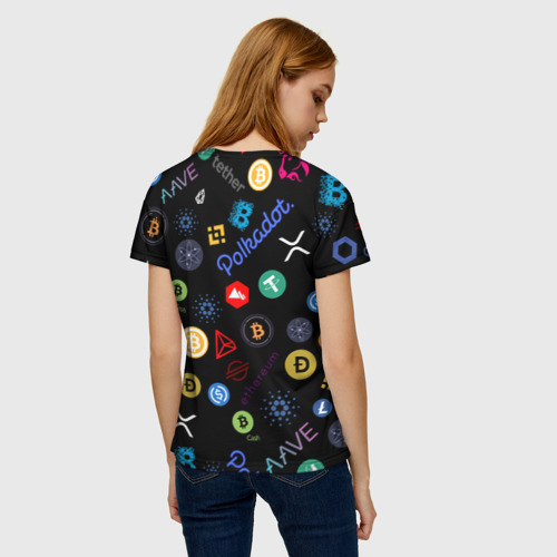Женская футболка 3D с принтом ЛОГОТИПЫ КРИПТОВАЛЮТ | CRYPTOCURRENCIES (Z), вид сзади #2