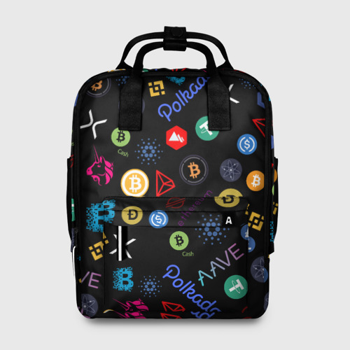 Женский рюкзак 3D с принтом ЛОГОТИПЫ КРИПТОВАЛЮТ | CRYPTOCURRENCIES (Z), вид спереди #2