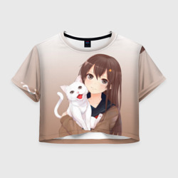 Женская футболка Crop-top 3D Девочка и белый кот аниме