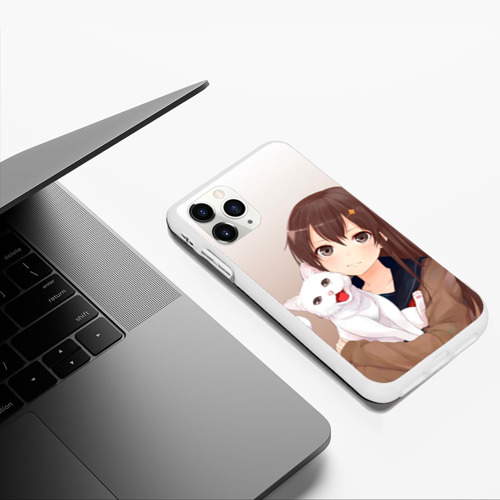 Чехол для iPhone 11 Pro Max матовый Девочка и белый кот аниме - фото 5