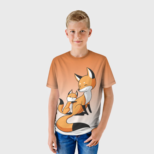 Детская футболка 3D с принтом Лис и лисенок, фото на моделе #1
