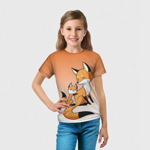 Детская футболка 3D с принтом Лис и лисенок, вид сбоку #3