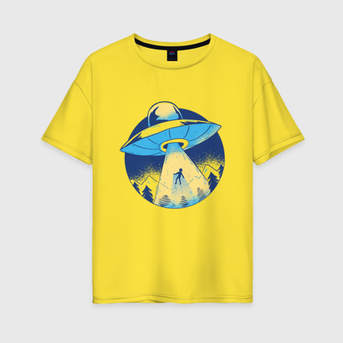 Женская футболка хлопок Oversize Похищение пришельцами в лесу, цвет желтый