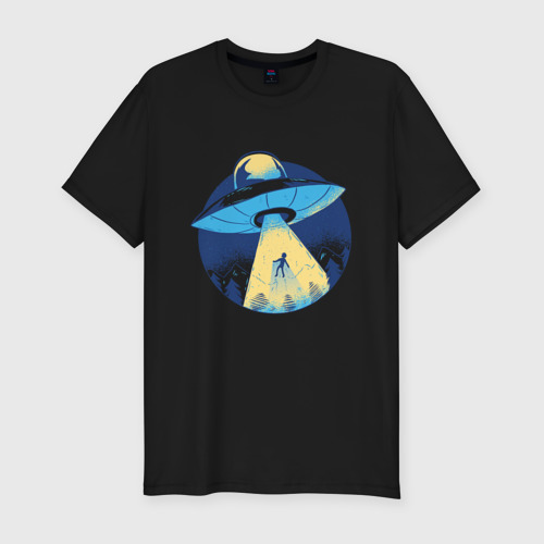 Мужская футболка хлопок Slim Похищение пришельцами в лесу, цвет черный