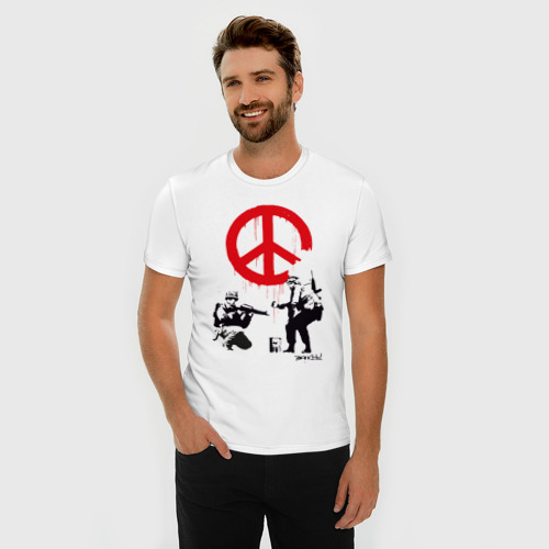 Мужская футболка хлопок Slim Make peace no war Banksy, цвет белый - фото 3
