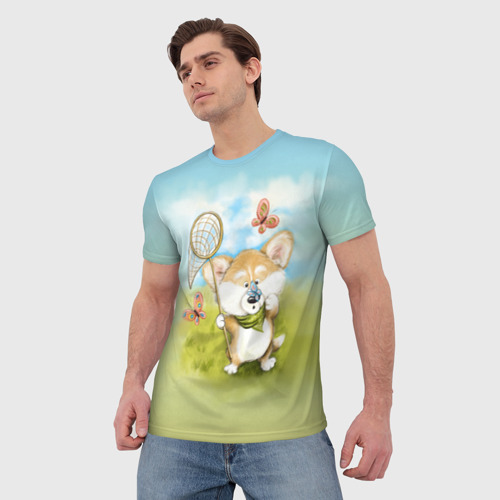 Мужская футболка 3D с принтом Корги и бабочка, фото на моделе #1
