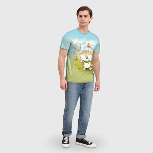 Мужская футболка 3D с принтом Корги и бабочка, вид сбоку #3