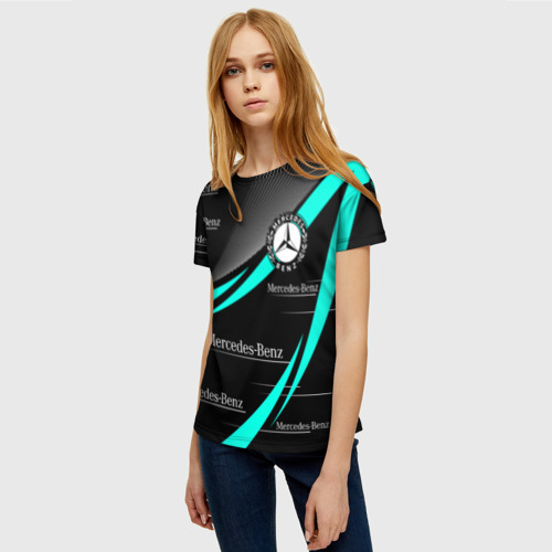 Женская футболка 3D с принтом Mercedes Benz аквамариновый, фото на моделе #1