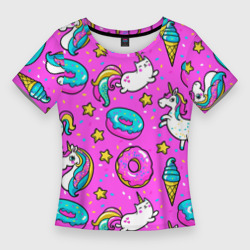 Женская футболка 3D Slim Единороги с пончиками