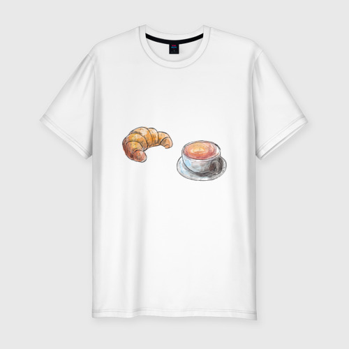 Мужская футболка приталенная из хлопка с принтом Кофе и круассан, вид спереди №1