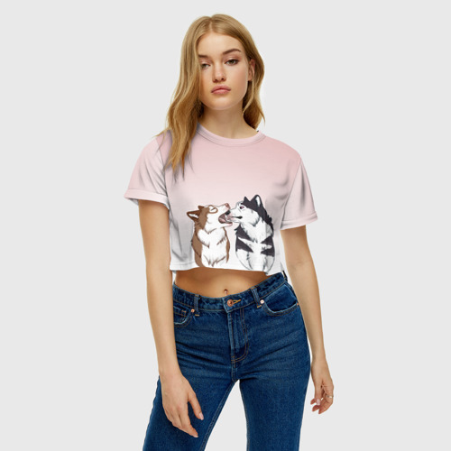 Женская футболка Crop-top 3D Хаски играют, цвет 3D печать - фото 4