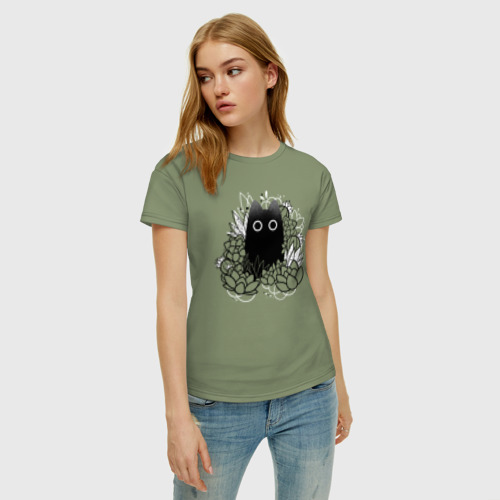 Женская футболка хлопок Cat in Plants, цвет авокадо - фото 3
