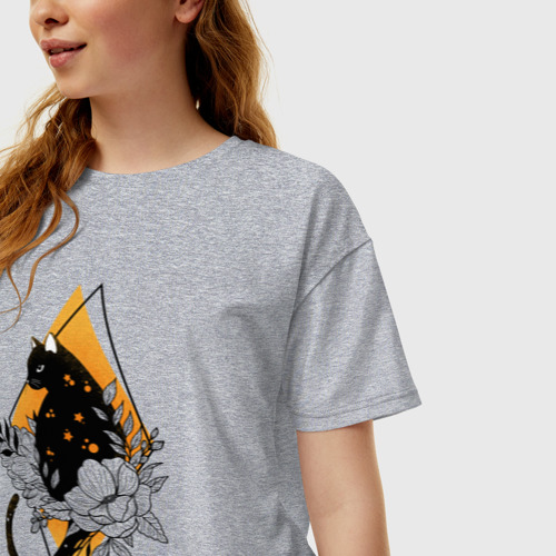 Женская футболка хлопок Oversize Cat in flowers, цвет меланж - фото 3