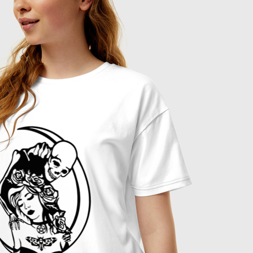 Женская футболка хлопок Oversize Девушка и скелет, цвет белый - фото 3