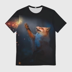 Мужская футболка 3D Лиса и огонек-бабочка