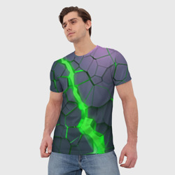 Мужская футболка 3D Зеленый разлом плит в трехмерном - фото 2