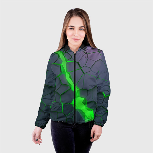 Женская куртка 3D Зеленый разлом плит в трехмерном, цвет черный - фото 3