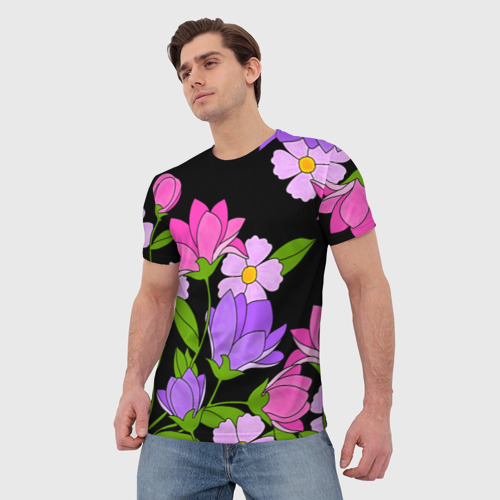 Мужская футболка 3D с принтом Ночные цветы, фото на моделе #1