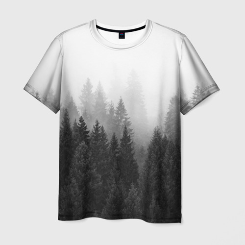 Мужская футболка 3D с принтом Туманный лес ёлок, вид спереди #2
