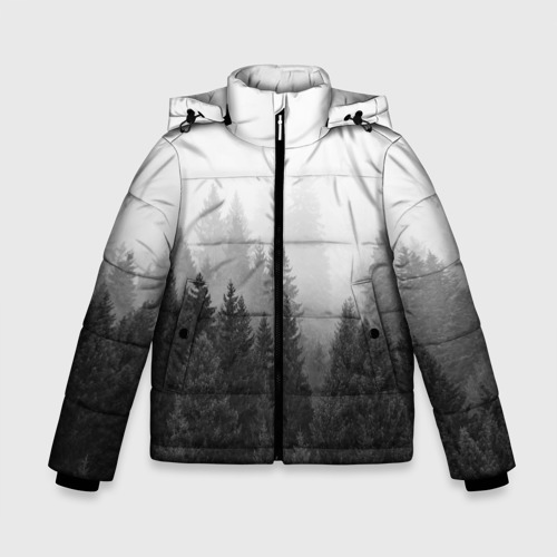 Зимняя куртка для мальчиков с принтом Туманный лес, вид спереди №1