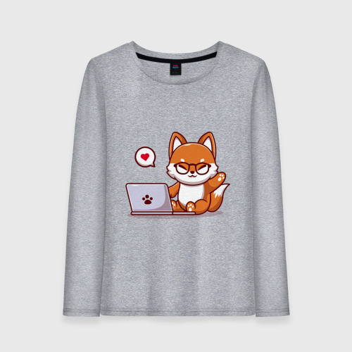 Женский лонгслив хлопок с принтом Cute fox and laptop, вид спереди #2