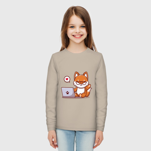 Детский лонгслив хлопок Cute fox and laptop, цвет миндальный - фото 5