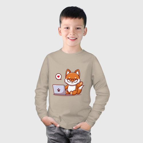 Детский лонгслив хлопок Cute fox and laptop, цвет миндальный - фото 3