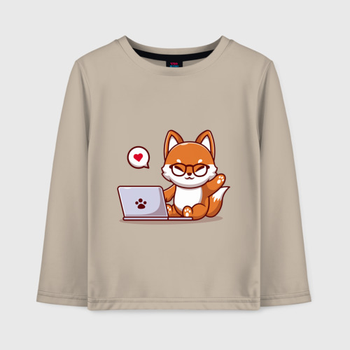 Детский лонгслив хлопок Cute fox and laptop, цвет миндальный