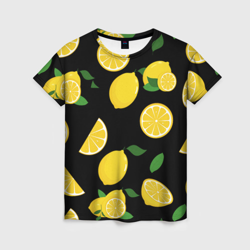 Женская футболка с принтом Лимоны на чёрном, вид спереди №1
