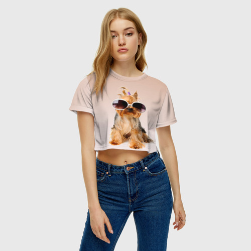 Женская футболка Crop-top 3D Собака в очках, цвет 3D печать - фото 3